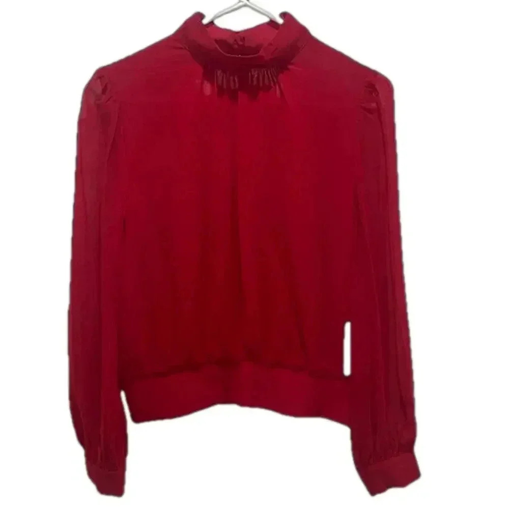 New 1. State top red long sleeved blouse button mock neck open back sheer bodice